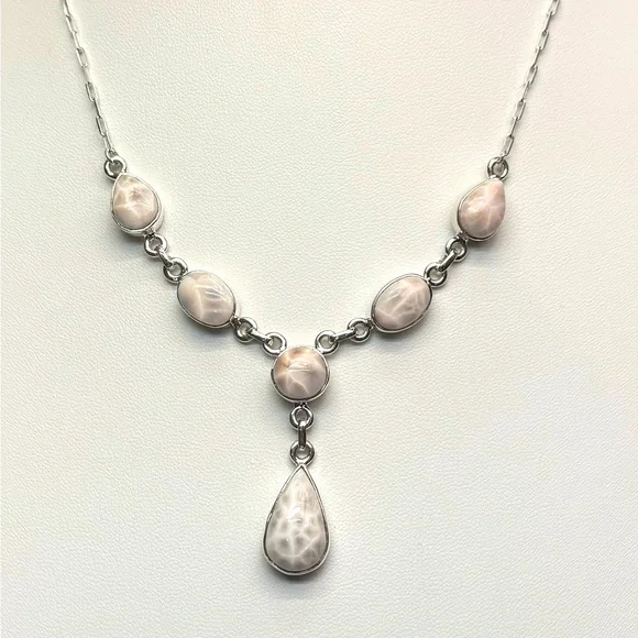 NLP1 Genuine Pink Larimar (Natrolite) Lariat Necklace Paperclip Necklace S925 - Picture 1 of 9